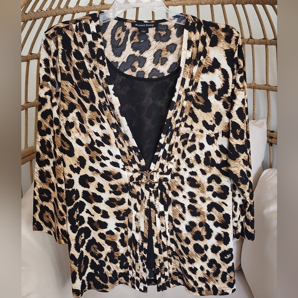Russell Kemp Cheetah Print Woman's 3/4 Sleeve Pullover Top Size Large